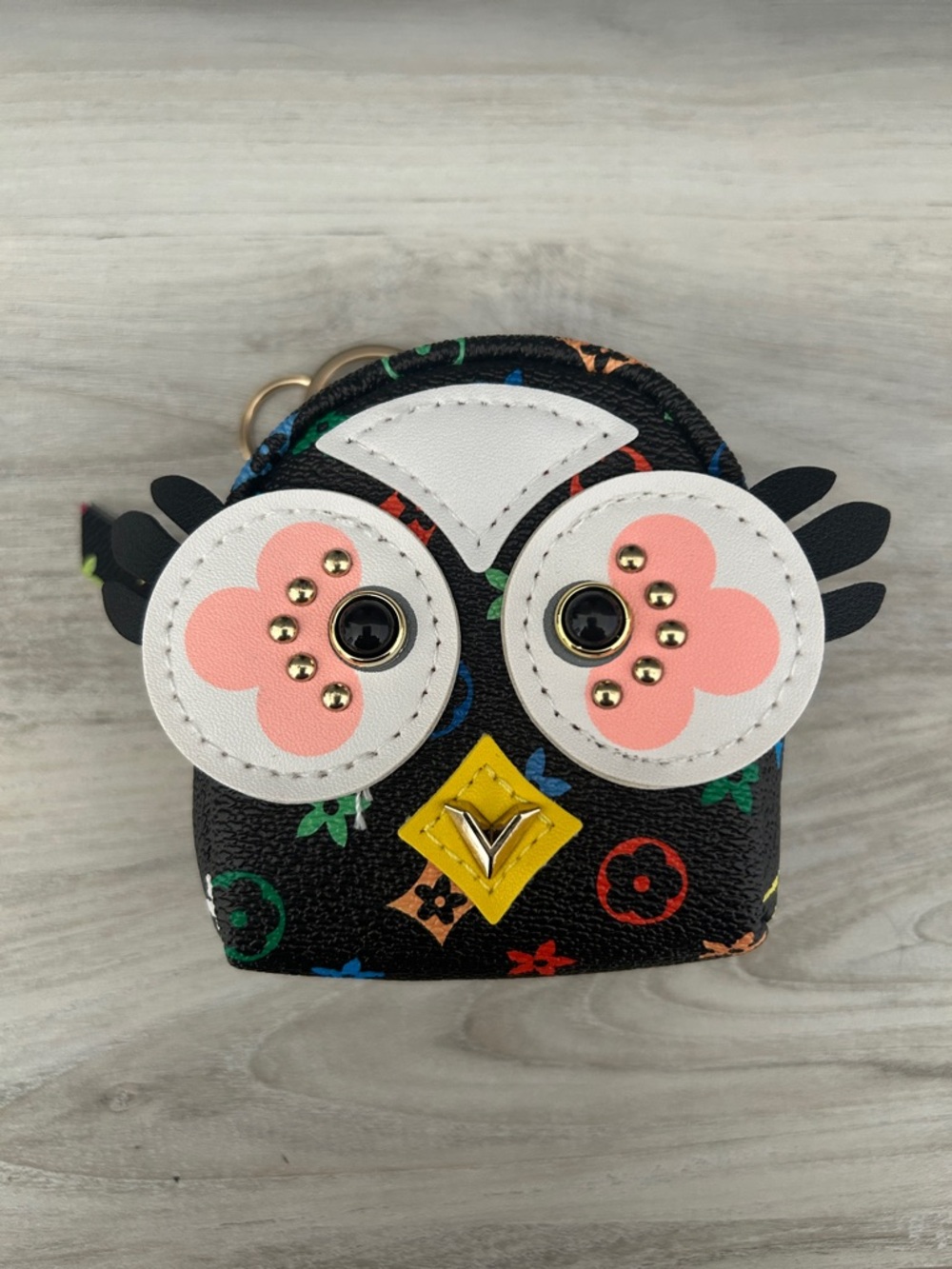 NWOT Upcycled Owl Coin Purse/Keychain/Bagcharm - Black w/ Pink & Yellow Accents